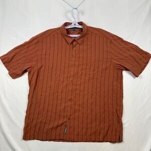 REI Mens XL Button Down Shirt Short Sleeve Orange Striped Rayon Polyester Blend
